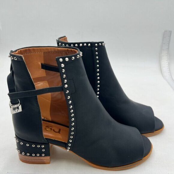 FSJ Black Rivets Peep Open Toe Cut Out Buckle Ankle Boot Block Low Heel Sandal - Picture 4 of 8